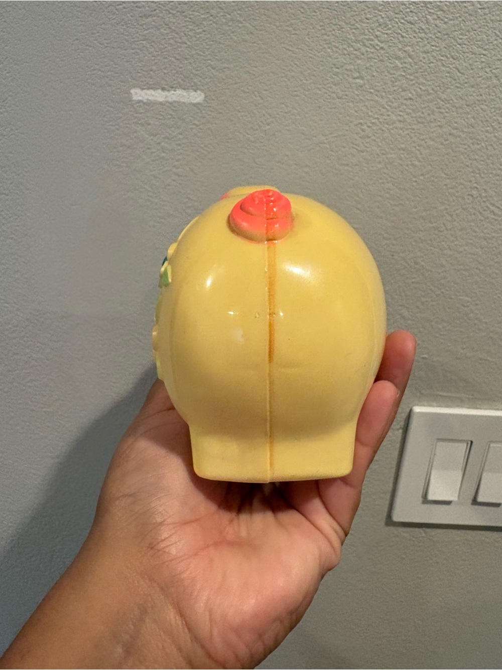 Vintage 1977 Sanitoy Yellow Plastic Piggy Bank Hand Painted Bright Colors - Picture 4 of 10